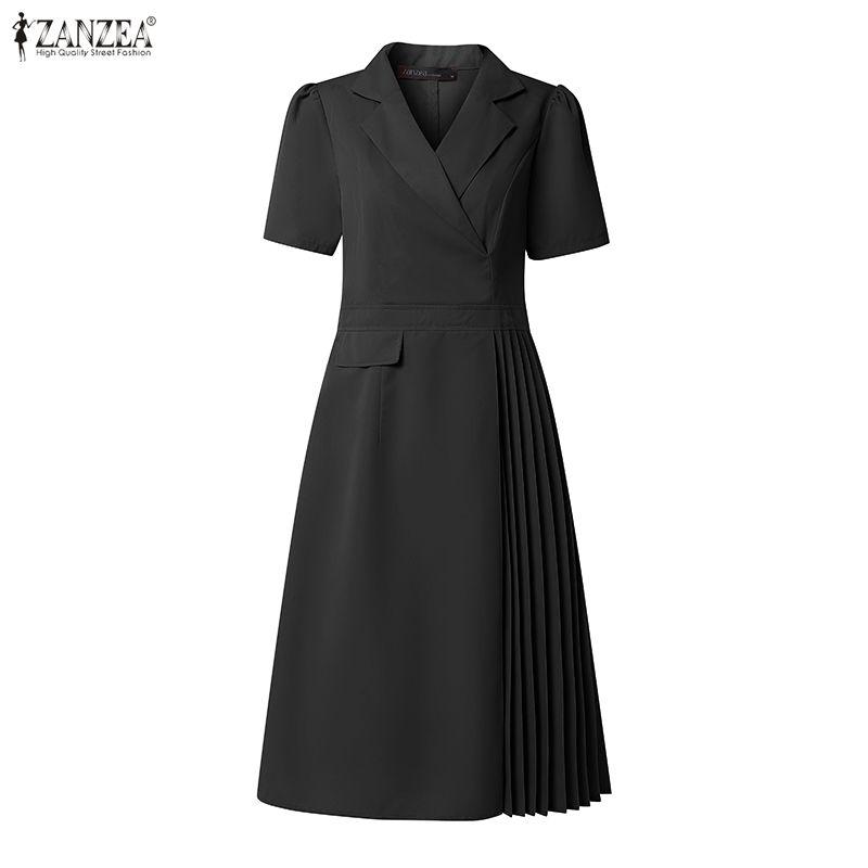 ZANZEA Women Casual Turn Down Collar Solid Color Short Sleeve Dress