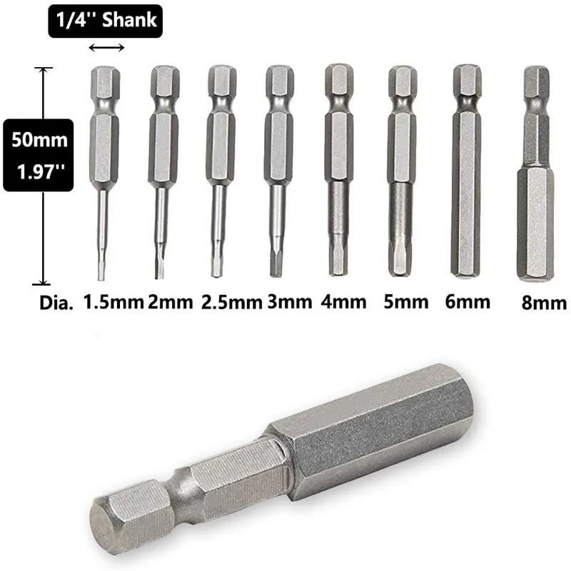 8/10pcs Set 1/4Inch Hex Shank(1.5-12)X50mm Steel Inner Hexagon Head Drill Screwdriver Set with Magnetic Bits Hex Head Allen Bits