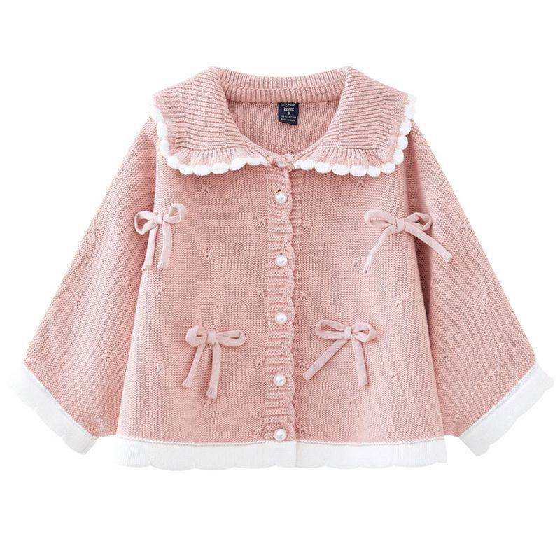 Girls' Knitted Cardigan Spring and Autumn Stylish Lapel Children's Sweater Coat Baby Cape Red New Year Top