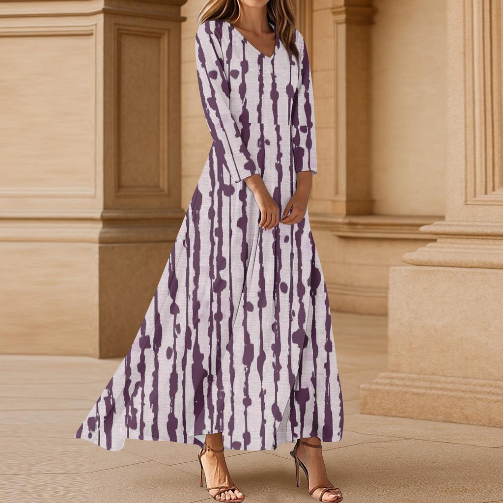 Women's Casual 3/4 Sleeve V-Neck Floral Print Maxi A-Line Beach Dress