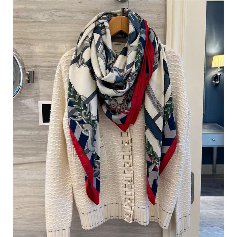 NINA SOLOR Buckle Wrap Color Block Silk Wool Square Scarf Shawl