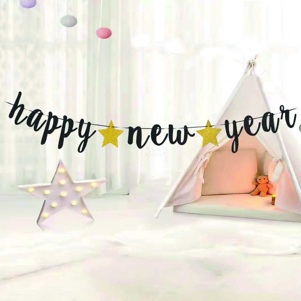 Happy New Year Banner- New Year's Eve Party Supplies New Year's Eve Decorated Happy New Year Sign Black Glitter Cheers to 2026 party props