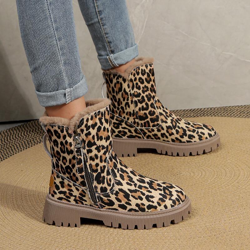 Shoes for Women Fashion Winter New Round Toe Women Boots Leopard Print Short Barrel Chunky Heels Zipper Plus Size Boots Women
