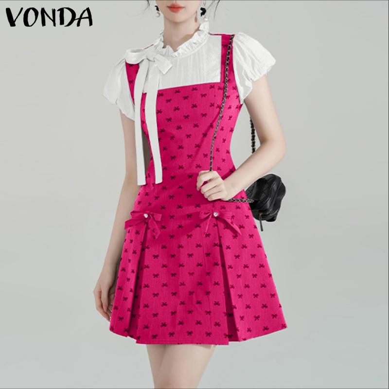 VONDA Women College Style Ruffled Neck Bow Knot Polka Dots Patchwork Pleated Dress