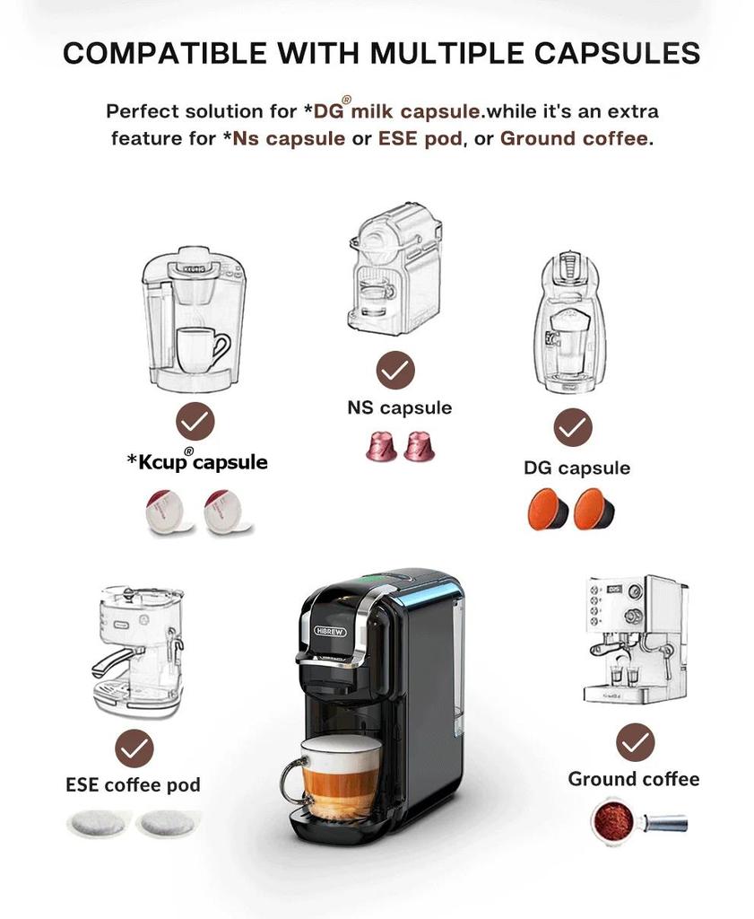 New HiBREW Multiple Capsule Coffee Machine, Hot/Cold Dolce Gusto Milk Nespresso Capsule ESE Pod Ground Coffee Cafeteria 20Bar 5 in 1