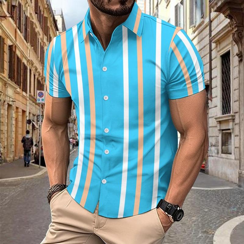 Men's New Summer Striped Print Short Sleeve Shirt, Casual Simple Versatile Daily Top