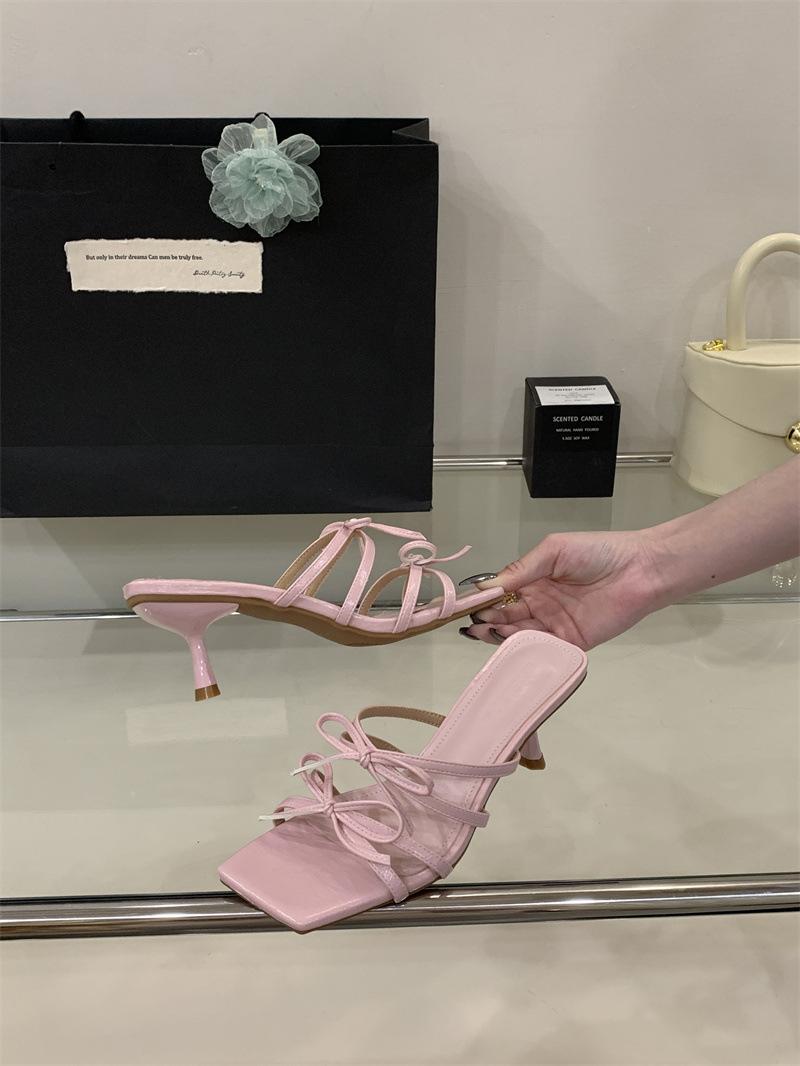 

2025 summer new fairy style high-heeled cool slippers wear thin belt bow with skirt temperament slippers woman 39 розовый