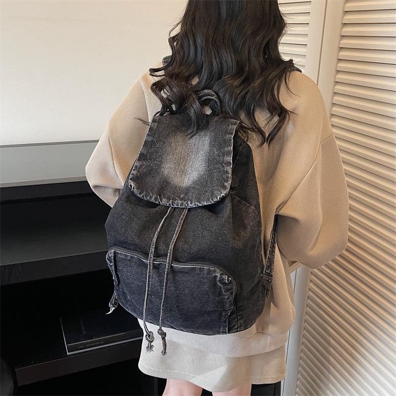 Schoolbag retro denim backpack women's new large-capacity college style backpack student schoolbag simple personalized schoolbag