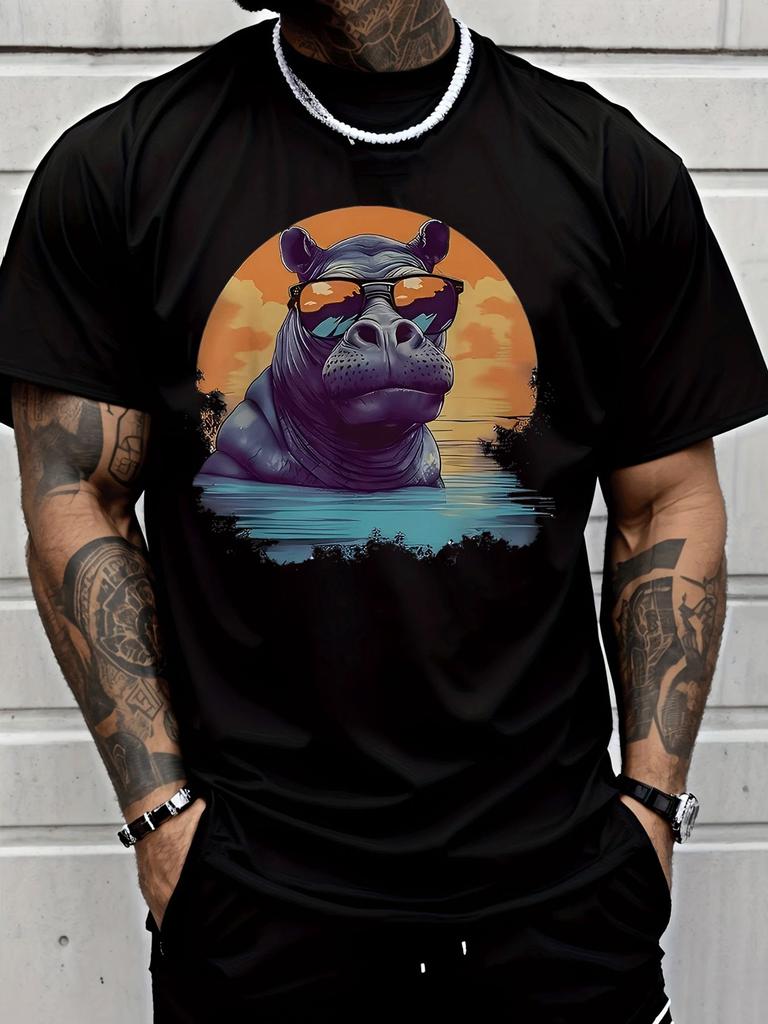 Cool Sunglasses Hippo Sunset Lake Scenery Graphic Unisexs Cotton Crew Neck Tee Short Sleeve Loose Casual Daily Street Male Wear Top