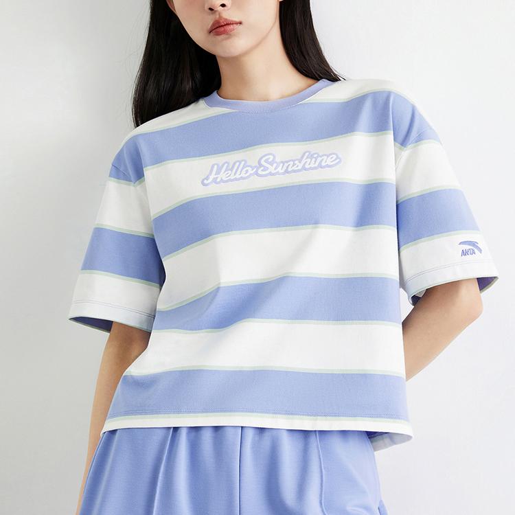 Anta Lifestyle Series Logo Letter Striped Round Neck Loose Short Sleeve T-Shirt Women T-Shirt Lilac 162328141-1