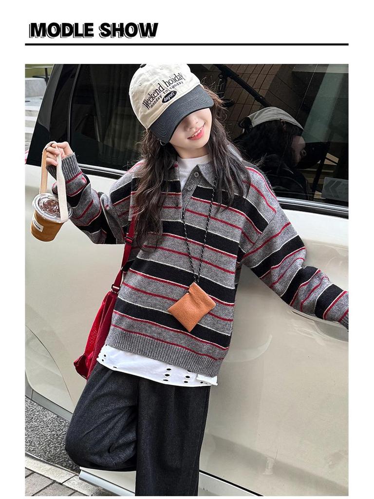 Girls' Striped Knitted Polo Sweater - Autumn/Winter 2025 Fashion Pullover for Kids