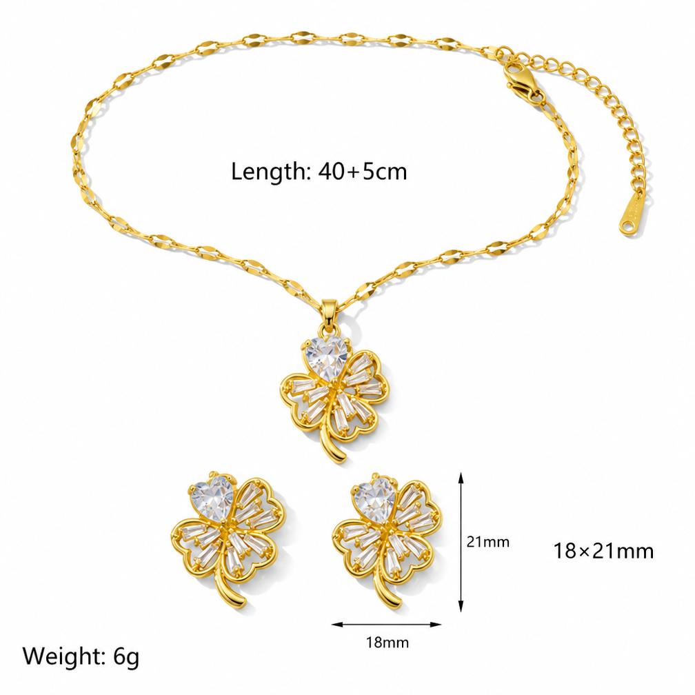 Gold Pendant Necklace and Stud Earrings Set for Women Four Leaf Clover Charm Fashion Jewelry Gift Adjustable Chain