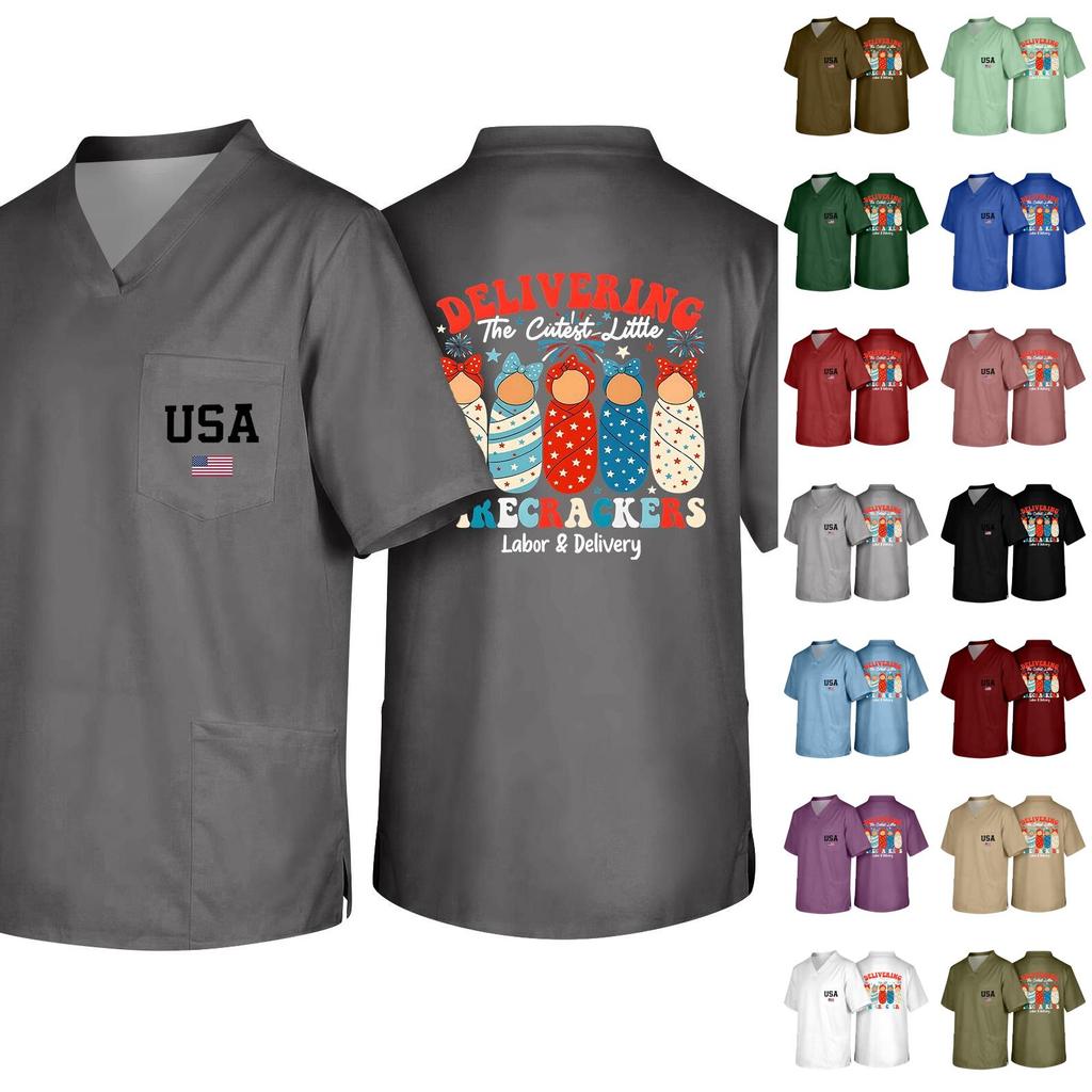 Men's Short Sleeve V Neck Work Shirt Nurse Uniform Top with Pocket USA Print Casual Fit Medical Scrub Tee for Healthcare Professionals