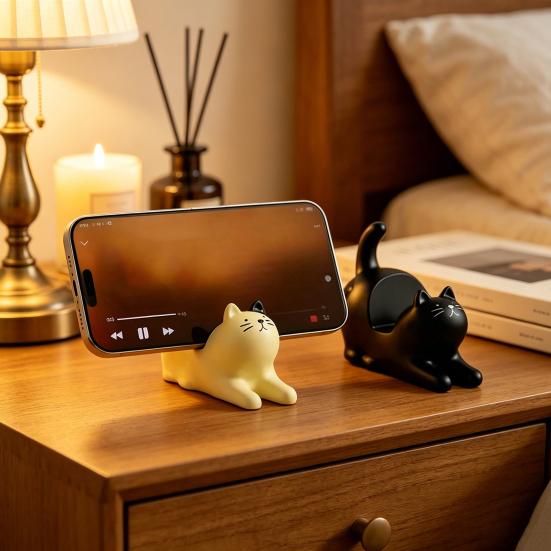 Telefonhållare med Söt Kattformad Viktad Bas Stödjer Vertikal Horisontell Visning Skrivbordsdekoration för Hemmakontor