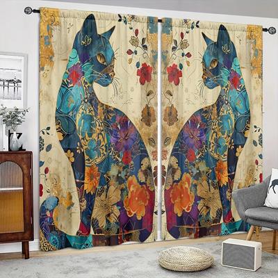 Artistic Cat Print Printed Curtain for Home Decor - Rod Pocket Window Treatment for Bedroom, Kitchen, Living Room