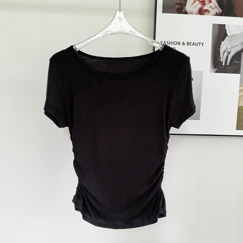 

round Neck Nude Feel Yoga Clothes Women Lightweight Breathable Rib Quick-Drying Versatile Sports Top Waist Hugging Slimming Fitness Short sleeve Black(Black) M(= 6 yards (50-60kg))