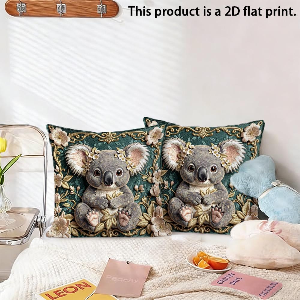 2pcs Vintage Floral Koala Throw Pillow Covers 2D Flat Print Decorative Cushion Cases for Sofa Bedroom Living Room Cushion Cover