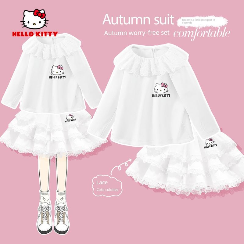Hello Kitty Girls' Spring Outfit 2026 New Long-Sleeved Skirt White Kidsren's Spring Two-Piece Set