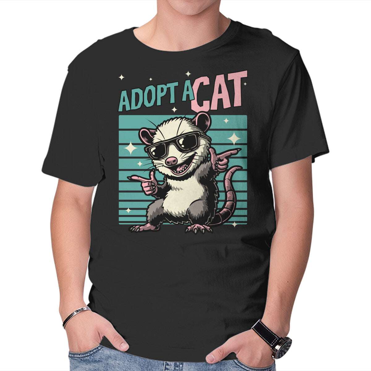 Unisex Crew Neck T-Shirt Possum Adopt A Cat Graphic Short Sleeve Casual Tee M