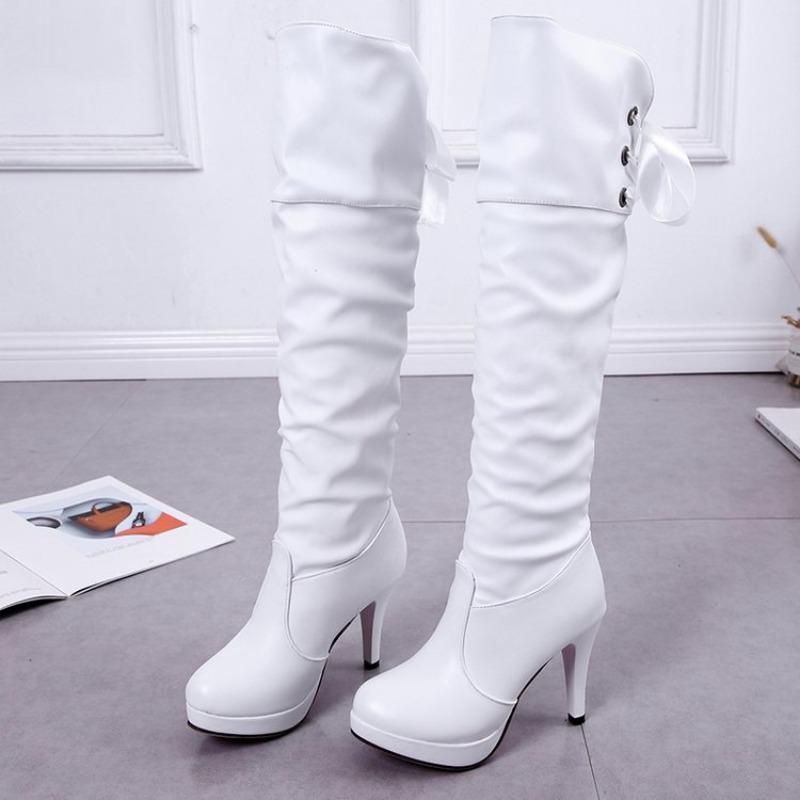 Autumn and Winter New Korean Version High Heels Women's Knee High Boots with Lace Up Casual Women's Martin Boots