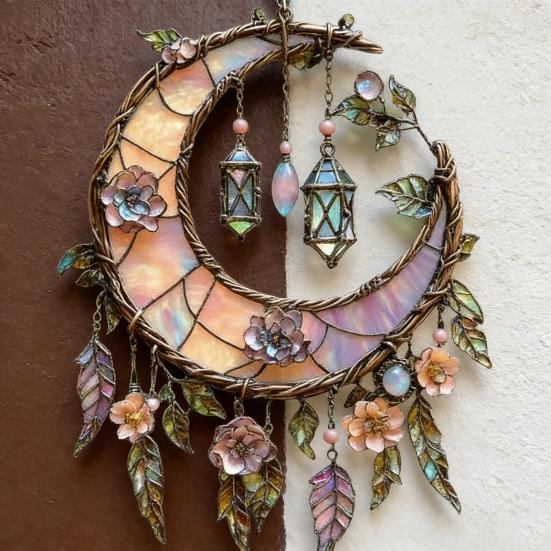 Crescent Moon Floral Acrylic Suncatcher Stained Glass Effect Window Hanging Ornament Boho Sun Catcher Panel for Bedroom Garden Home Decor