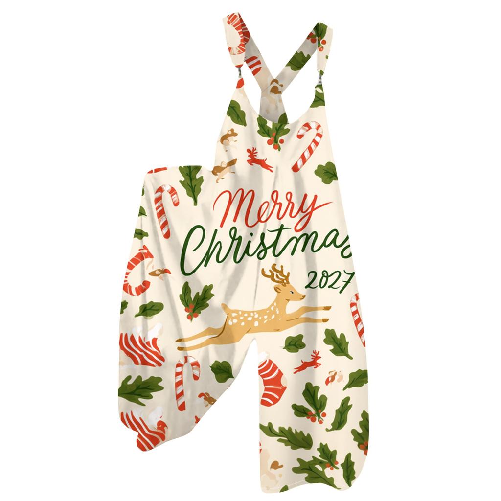 Damen Retro Sommer Overall Jumpsuit mit Weihnachtsdruck und nicht verstellbaren Trägern für den lässigen Alltag