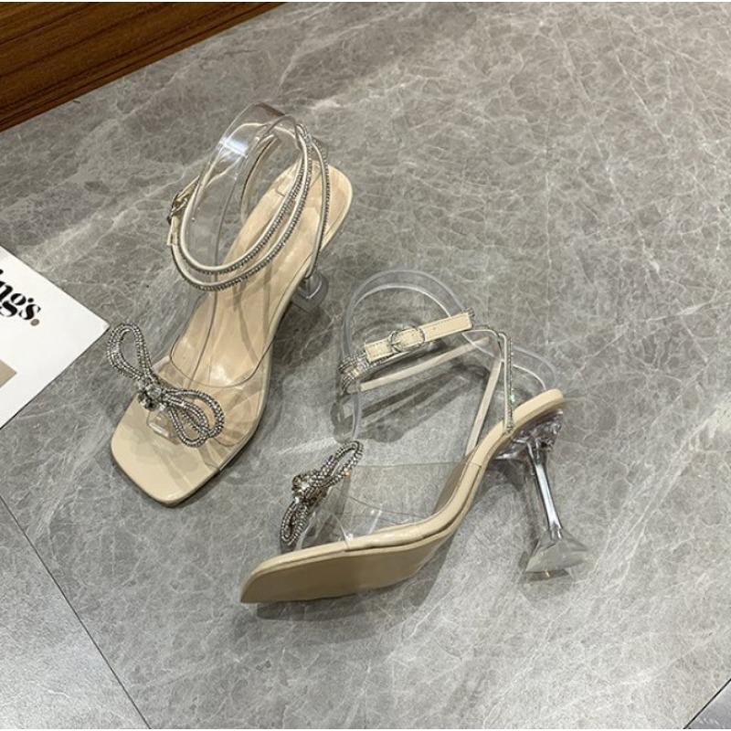 

New summer color high-heeled stiletto sandals large-size fashion catwalk bow rhinestone buckle sandals women 43 абрикосовый