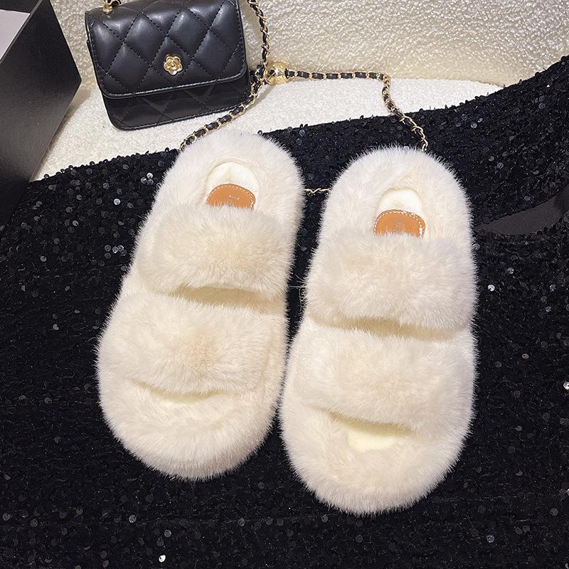 

Muffin bottom fluffy slippers female, wearing autumn cm thick bottom fluffy home lazy one-word cotton slippers 35