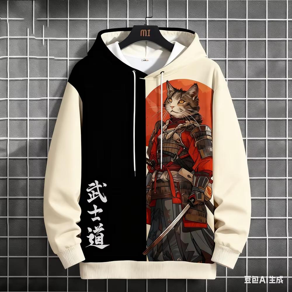 Bushido Sports Men's Hoodie, Funny 3D Samurai Cat Pattern Autumn Winter Casual Loose Streetwear