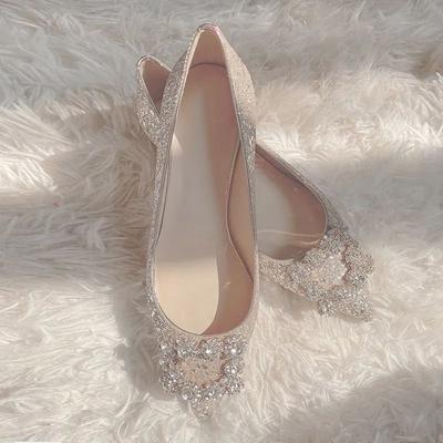 Pointed Flats Sequined Wedding Shoes Women's Maternity Shoes Rhinestone Pearl Bride Shoes Not Tired Feet Bridesmaid Shoes Large Size