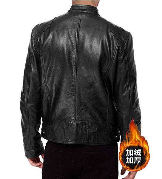 Winter business gentleman's warm zip-up cardigan, decorated fleece-lined thickened PU leather jacket, slim-fit leather jacket