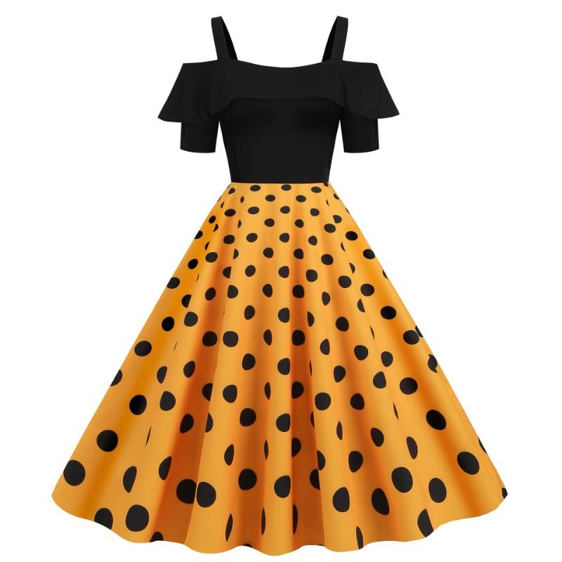Women's S S Hepburn retro suspender ruffle edge short sleeve black polka dot pendulum dress