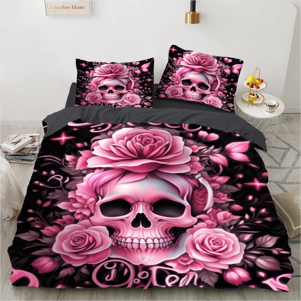 Rose Skull Duvet Cover Set Twin Single Size Halloween Bedding Set Teen Adult Kids Children Bed Linen Qulit Cover Pink Spider