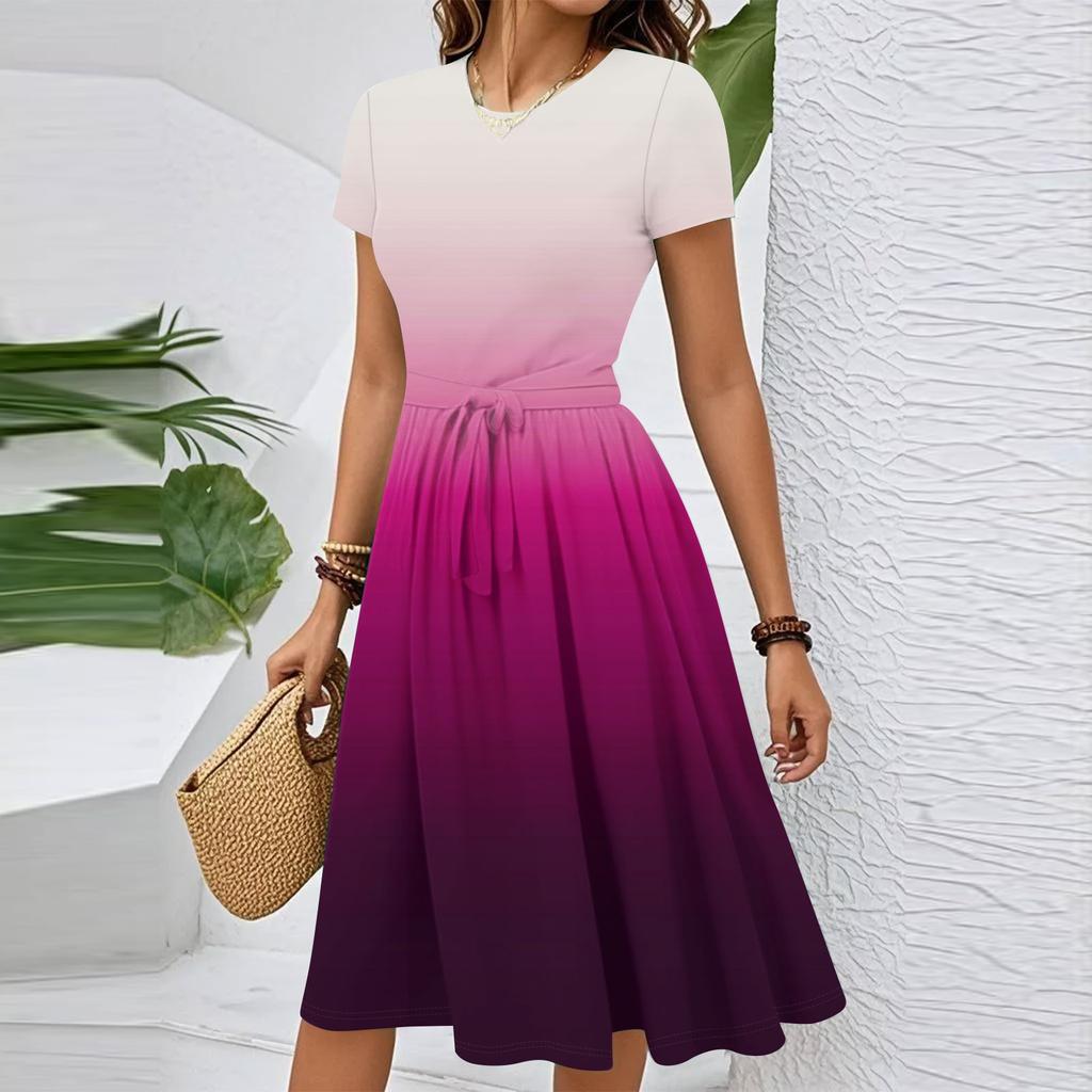 Damen Casual Farbverlauf Kurzarmkleid mit Taillengürtel Elegantes Rundhals-Sommerkleid in Midi-Länge