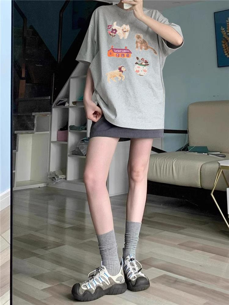 

Женская летняя 2025 года футболка из чистого хлопка белого цвета, тяжелая, с коротким рукавом, свободного кроя, с американским дизайном прямых плеч M хизер серый