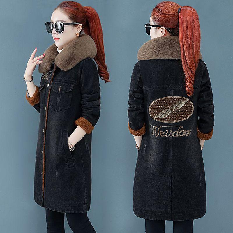 Winter Denim Jacket for Women Thick Lamb Wool Warm Coat Long Cotton Padded Parkas Casual Windbreaker Jean Outerwear