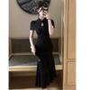 New Chinese Style Dark Flower Improved Cheongsam Women's Summer Waist Thin Dress Buckle Design Hip Fish Tail Skirt