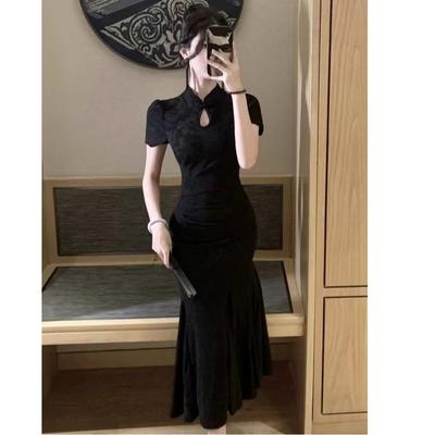 New Chinese Style Dark Flower Improved Cheongsam Women's Summer Waist Thin Dress Buckle Design Hip Fish Tail Skirt