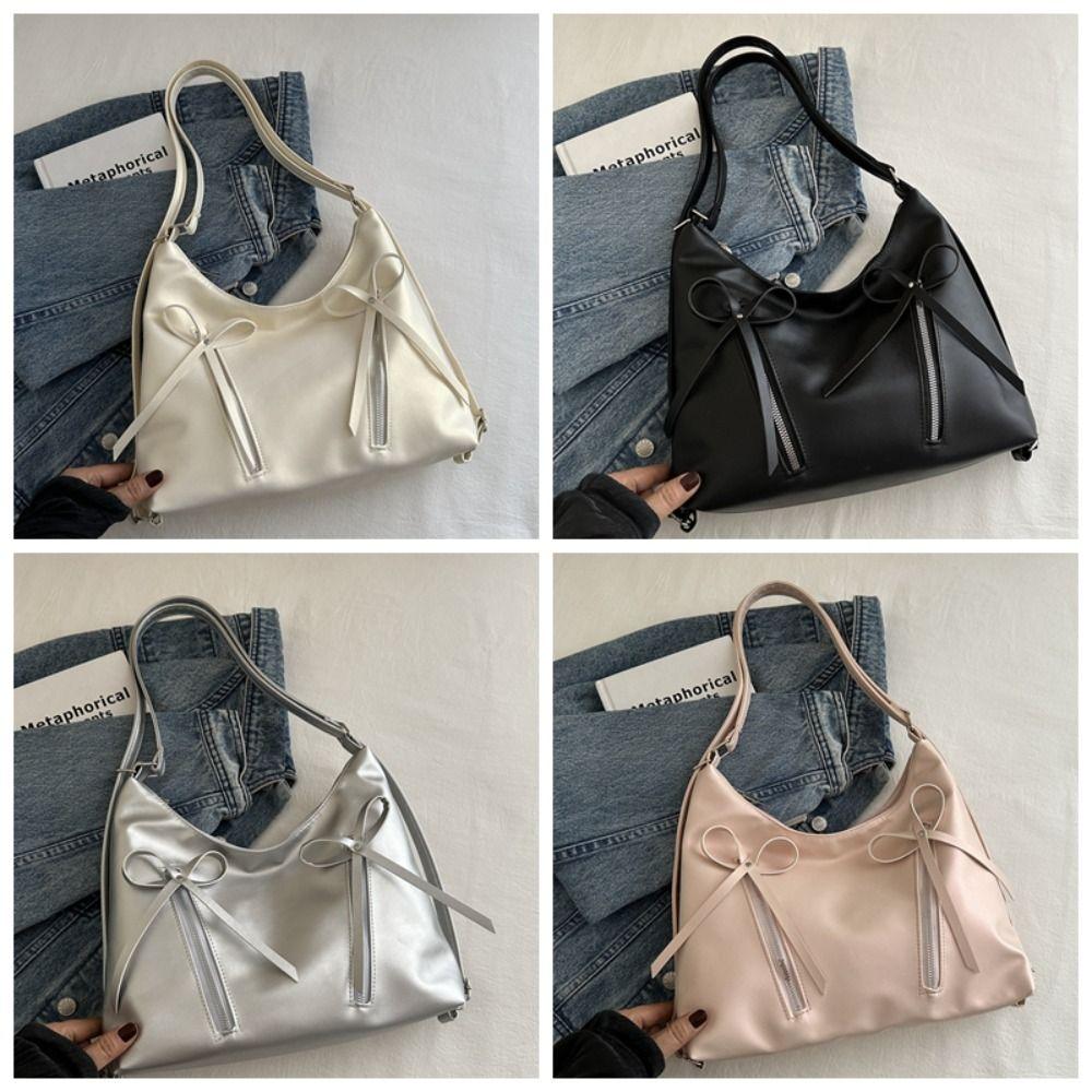 PU Leather Bow Tote Bag Zipper Bow Crossbody Bag Sweet Bowknot Shoulder Bag  Streetwear