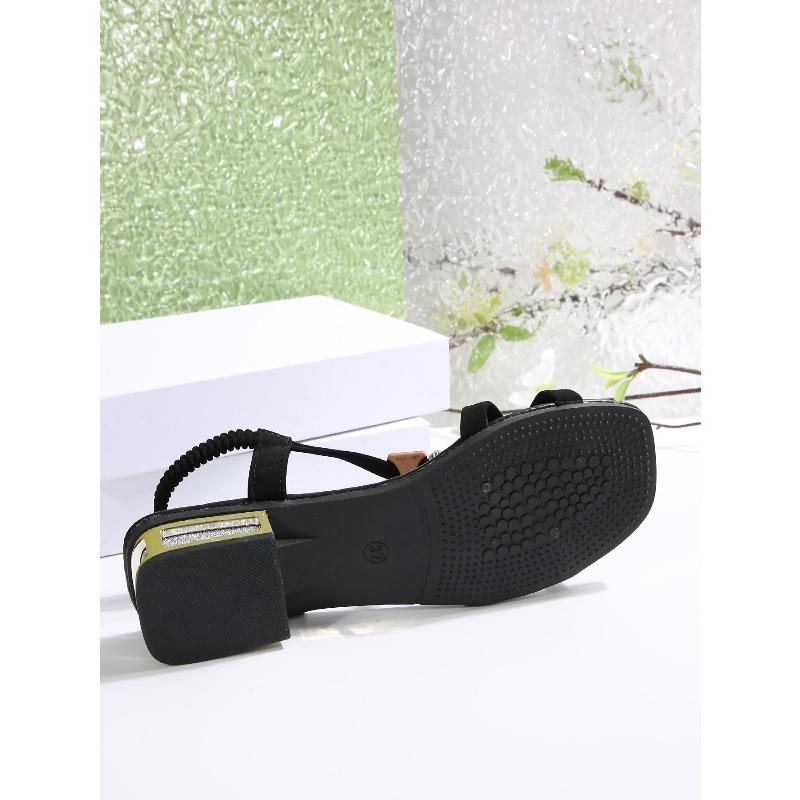 Square Toe Beaded Low-heeled Sandals Women's New 2025 Summer Thick-heeled Roman Sandals