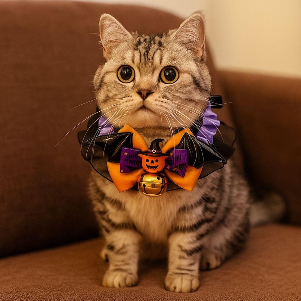 Dog Accessories Adjustable Halloween Cat Collar Soft Lace Puppy Bat Bow Tie with Bell Dog Pumpkin Bow Collar Festive