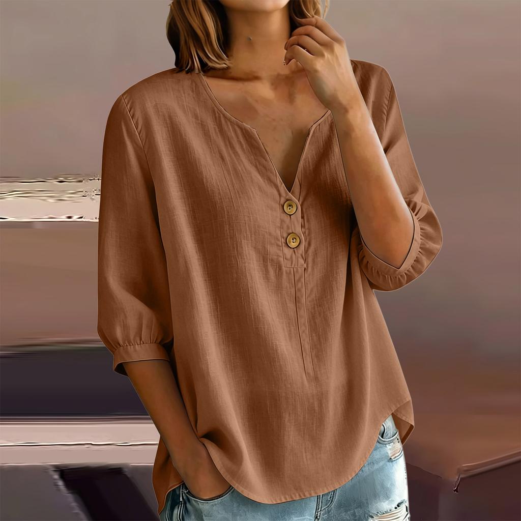 Women's Casual Linen Blend Henley Button Neck Shirt Three Quarter Sleeve Lightweight Loose Fit Top for Everyday Wear