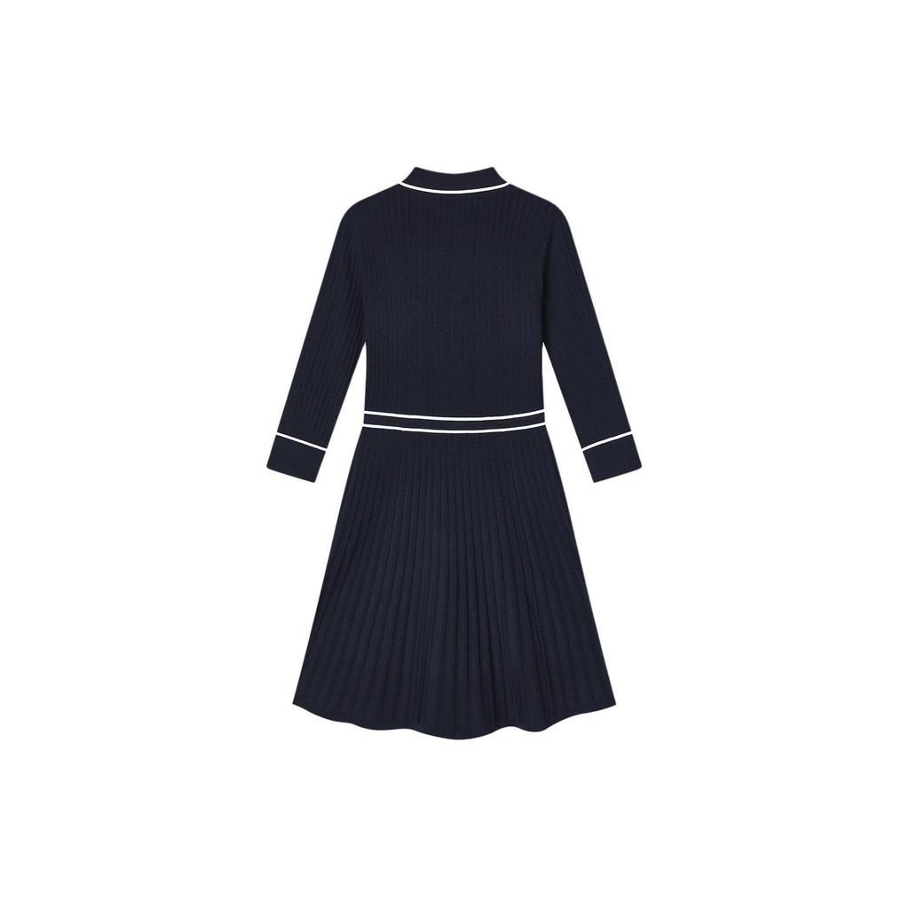 Fila Solid Color Polo Neck Knitted Long Sleeve Dress Women Dresses Legendary-Blue F11W411308F-NV