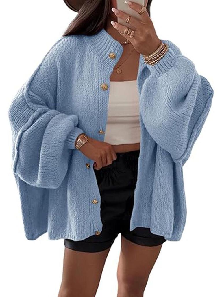 Autumn/Winter Solid Color Knit Button Cardigan with Large Sleeves - Casual Style