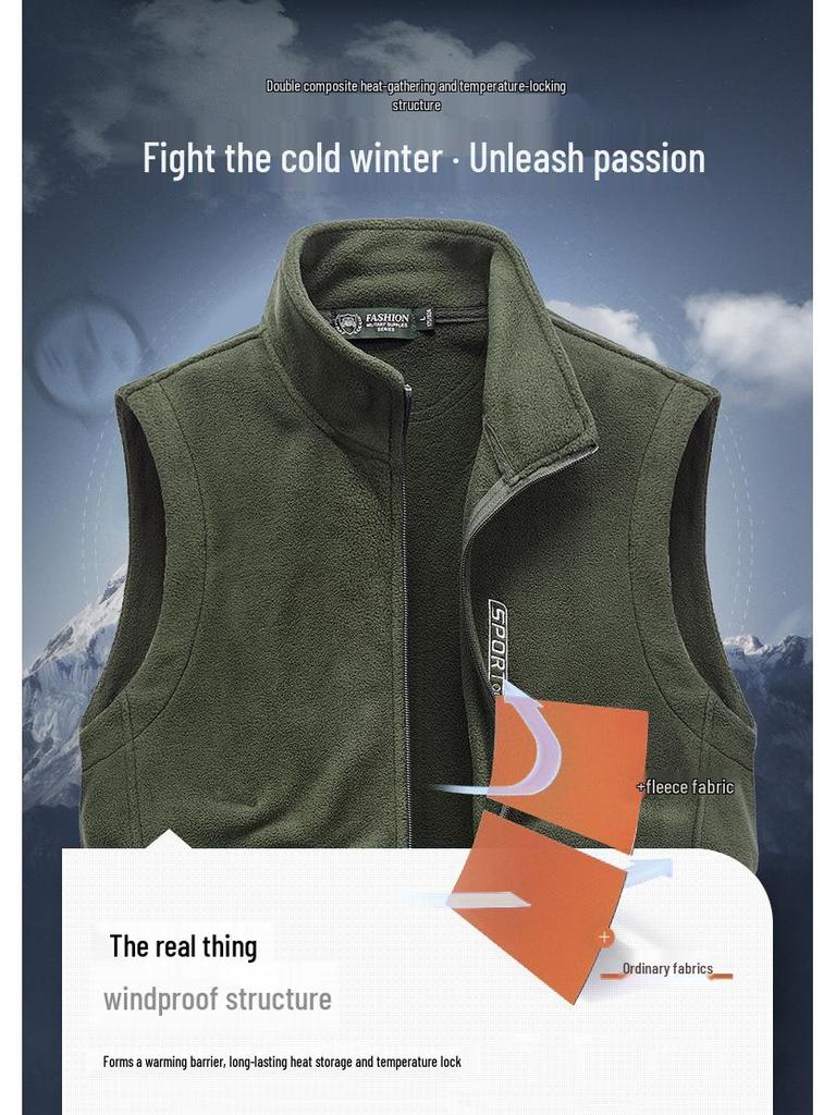 2025 Windproof Fleece Vest - Velvet-Lined, Thick, Warm, Stand-Up Collar, Sleeveless for Autumn & Winter