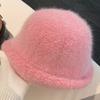 Polyester Warm Winter Bucket Hat Rabbit Fur Blend Rolled Brim Hat Fuzzy Fisherman Hat  Cold Weather