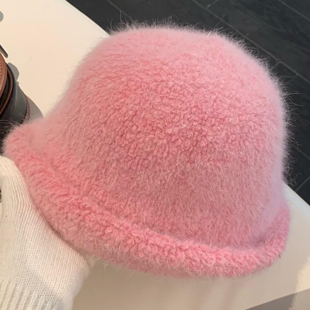 Polyester Warm Winter Bucket Hat Rabbit Fur Blend Rolled Brim Hat Fuzzy Fisherman Hat Cold Weather