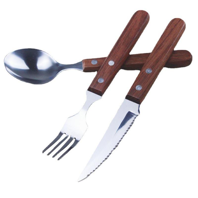 Household wooden handle tableware steak knife and fork western food stainless steel tableware set three-piece set knife and fork spoon