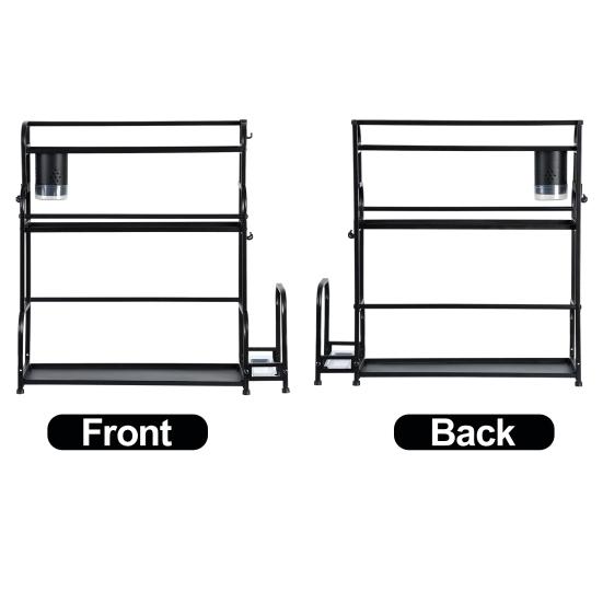 Standing Spice Rack, 3-Tier Kitchen Countertop Shelf with Stepped Design, Spice Rack Organizer and Hooks, Utensil Holder, Chopping Board Holder, Black