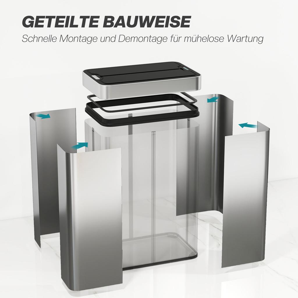 55L Sensor Bin, Large Automatic Touchless Rubbish Bin with Soft-Close Lid, Silver Tone